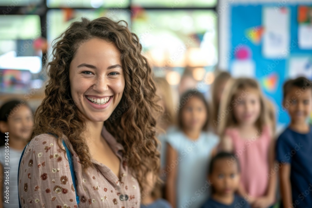 A smiling woman in front of a classroom of children. Generative AI. A smiling woman in front of a classroom of children. Generative AI.