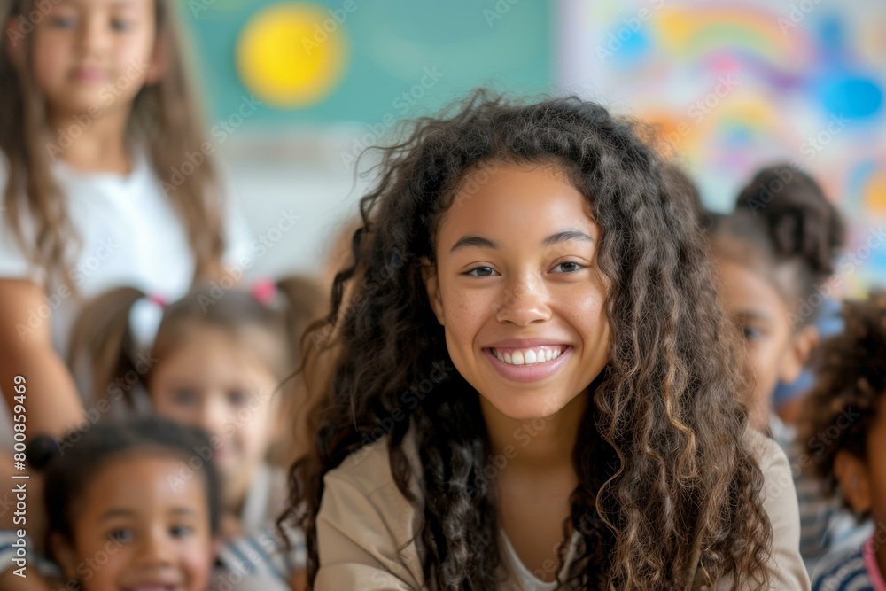 A smiling girl in front of a classroom of children. Generative AI. A smiling girl in front of a classroom of children. Generative AI.