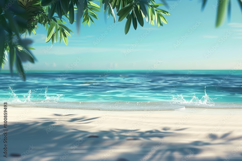 Create a beautiful beach scene with turquoise water, white sand, and lush green vegetation