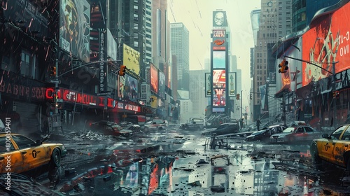 A cinematic photo of a post-apocalyptic Times Square in New York