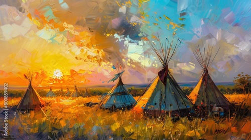An oil painting depicting Native American tipis during the golden hour