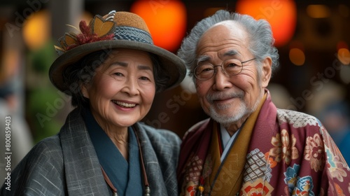 An older couple in traditional clothing smiling for the camera. Generative AI.