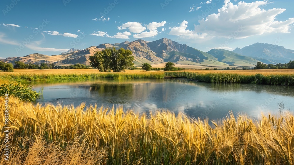 An outdoor photograph capturing a wheat field with a pond and mountains in the background