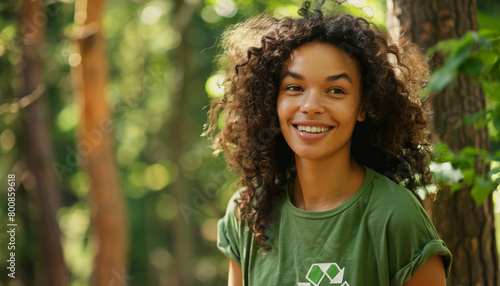 young environmental wearing a green recycle t-shirt, AI Generative.