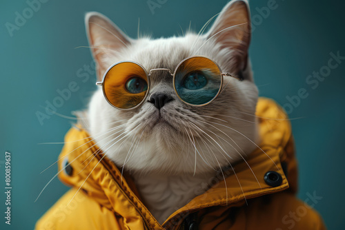 A white British Shorthair cat wearing black glasses and a yellow down jacket in the style of cute. Created with Ai