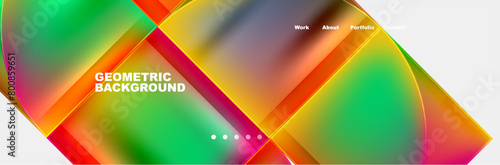 Vibrant geometric pattern with squares in electric blue, magenta, and orange on a white background. The artful design features rectangles and triangles with a colorful font