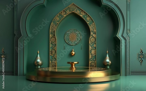 Realistic 3d Islamic celebration with Arabic ornament and product podium. Ramadan Kareem illustration for advertising, sales, online shopping, and marketing in beautiful green background design