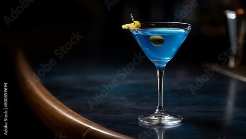 Close up of blue martini cocktail glass is on bar dark background