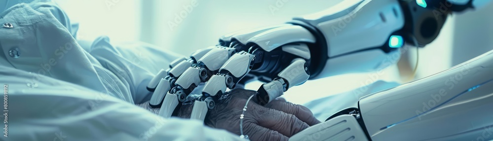 Generate a cinematic image of a patient in a hospital bed holding the hand of a humanoid robot