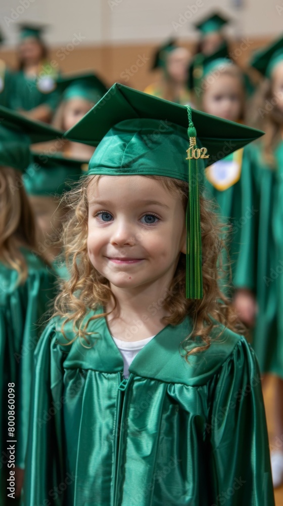 A young girl in a green graduation gown smiling for the camera. Generative AI. A young girl in a green graduation gown smiling for the camera. Generative AI.