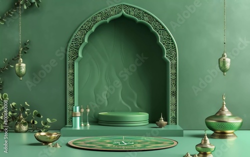 Realistic 3d Islamic celebration with Arabic ornament and product podium. Ramadan Kareem illustration for advertising, sales, online shopping, and marketing in beautiful green background design