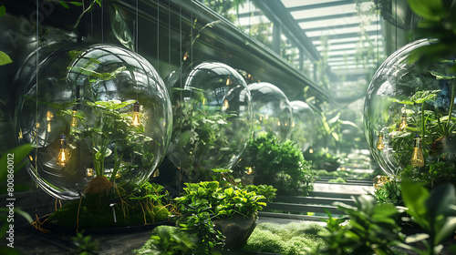 glass terrariums in a lush, overgrown greenhouse.