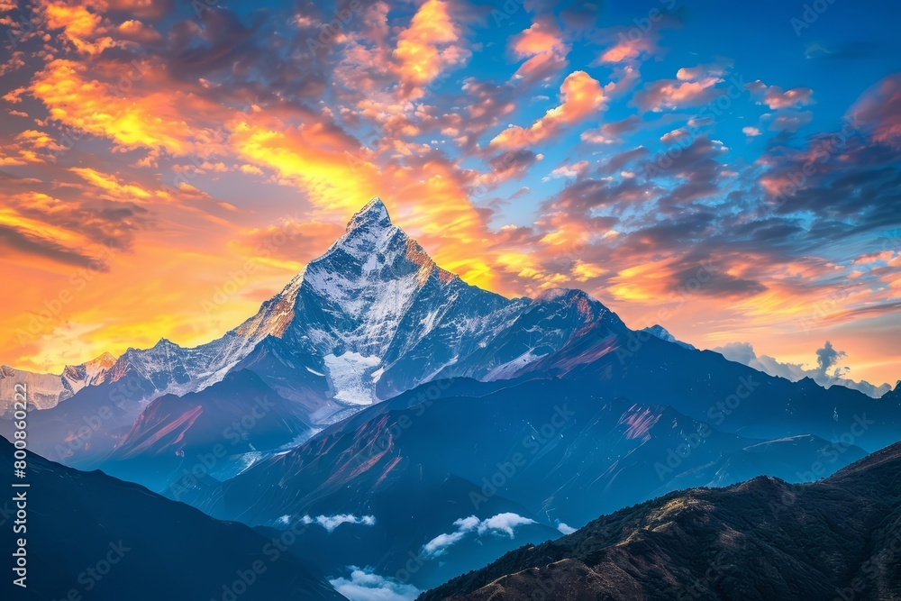 A beautiful landscape of a snow-capped mountain peak at sunset. The sky is a vibrant orange and yellow, with clouds dotting the sky. The mountain is covered in snow. A beautiful landscape of a snow-capped mountain peak at sunset. The sky is a vibrant orange and yellow, with clouds dotting the sky. The mountain is covered in snow.