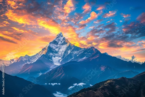 A beautiful landscape of a snow-capped mountain peak at sunset. The sky is a vibrant orange and yellow, with clouds dotting the sky. The mountain is covered in snow.