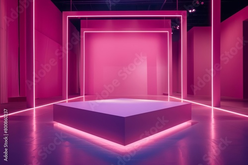 A glowing pink square platform sits in the center of a large empty room