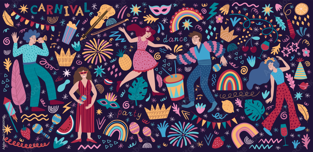 Carnival party. Summer holiday. Fiesta event with trendy dancers. Disco music. People dance. Alcohol cocktail. Rainbow and palm leaves. Women and men celebration. Vector background