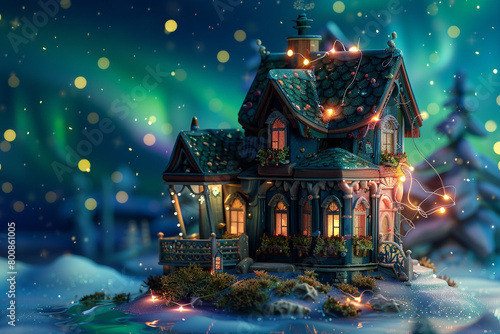 A whimsical 3D Max miniature house adorned with fairy lights against a magical aurora borealis background, enchanting viewers with its otherworldly beauty.