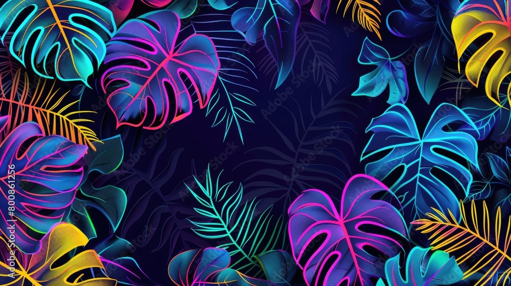 Bright neon outlines of tropical leaves on a dark jungle background