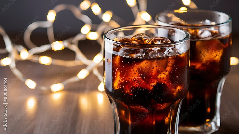 Glasses of cold cola against blurred fairy lights Glasses of cold cola against blurred fairy lights