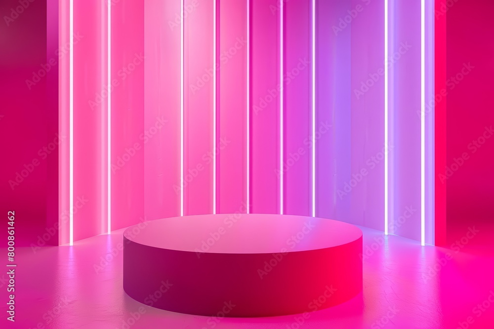 3D rendering of a pink and purple glowing stage. The stage is made of a reflective material and is surrounded by glowing pink and purple lights. 3D rendering of a pink and purple glowing stage. The stage is made of a reflective material and is surrounded by glowing pink and purple lights.
