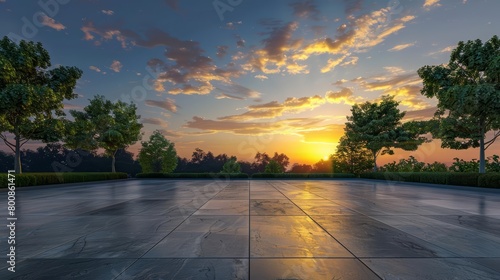 A large empty parking lot with a beautiful sunset in the background