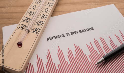 An air temperature thermometer and a temperature variation graph on the table. Average temperature