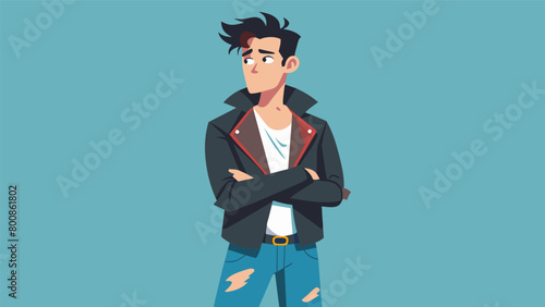 In a worn leather jacket and ripped jeans a man embraces his edgy and rebellious side showcasing his individuality and nonconformity through his. photo