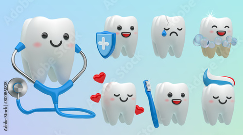3D tooth. Teeth dentist icons. Smile dental character. Happy dentistry or dent care. Cheerful or sad faces. Molar cleaning with toothpaste and toothbrush. Vector stomatology mascots set