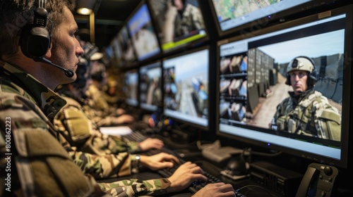 in the military control room A soldier sits with headphones on and looks at a laptop screen.