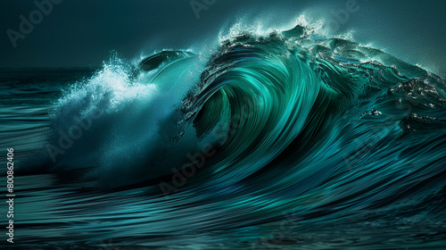 A bright teal wave, dynamic and engaging, flowing with the vigor of an unspoiled sea. The wave's rich hue invites viewers into a world of exotic exploration. photo