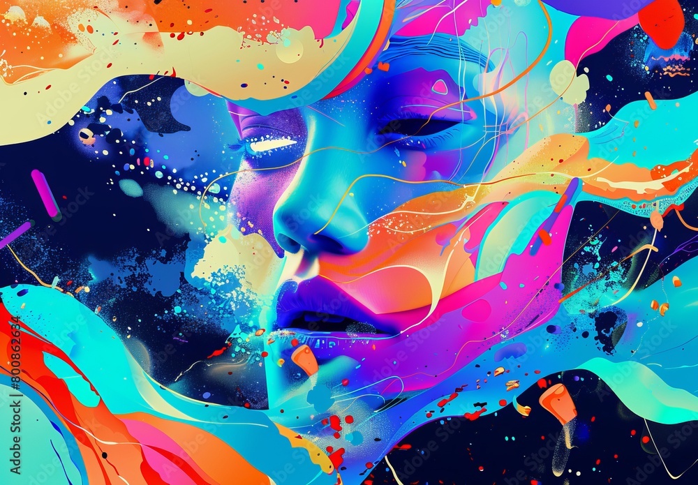Colorful paint splatters dynamically spread across a two-tone gradient background