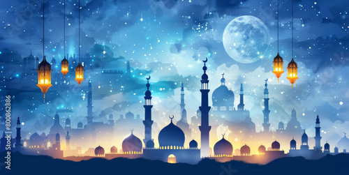 Magical Ramadan Scene with Lanterns Illuminating Mosques under a Full Moon and Starlit Sky