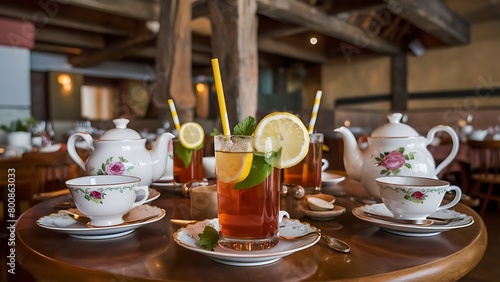 Cold tea drinks are placed on the table in the restaurant