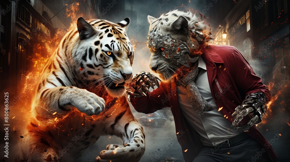 Against the backdrop of twinkling stars a robotic cheetah and a cybernetic jaguar engage in a gravity-defying duel. 3D Over Action realistic Against the backdrop of twinkling stars a robotic cheetah and a cybernetic jaguar engage in a gravity-defying duel. 3D Over Action realistic