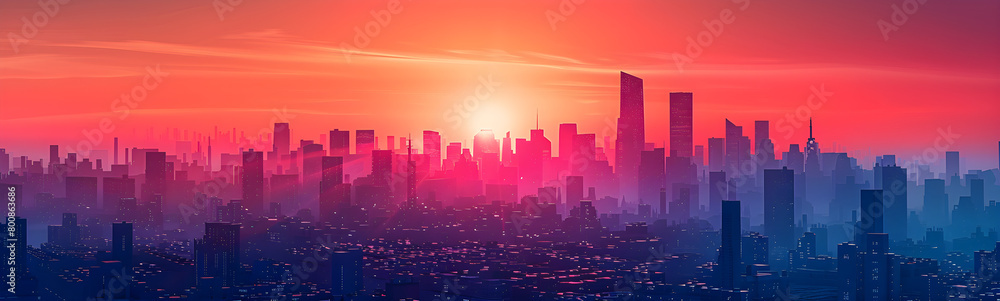 A flat minimalistic isolated illustration of a sunset city skyline in blue, orange, and yellow colors