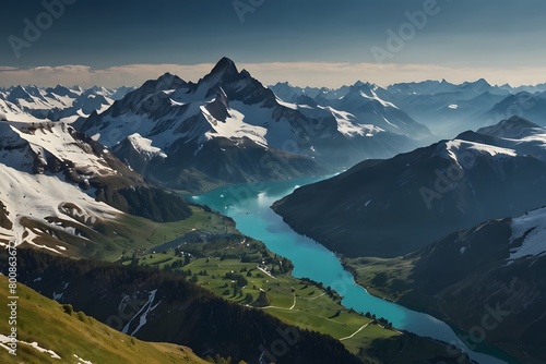 Beautiful Swiss lake running through the mountains, swiss mountains landscape, similar to Austria, Austrian landscapes and beautiful mountains