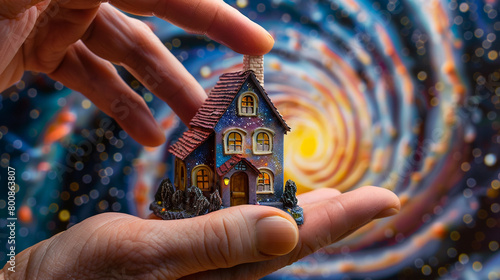 Fingers gently showcase a 3D Max miniature house against a backdrop of swirling galaxy colors