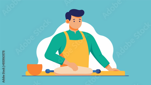 With a rolling pin in hand a man energetically kneads dough for homemade bread his troubles melting away with each turn..