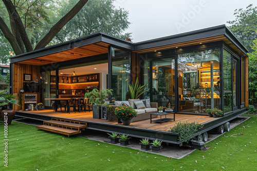 Modern glass house with green roof, outdoor kitchen and dining area inside the structure, located in an urban garden setting. Created with Ai