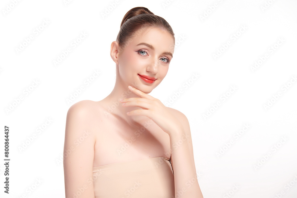 Naklejka premium Beautiful young woman with clean fresh skin on white background, Face care, Facial treatment, Cosmetology, beauty and spa, women portrait.