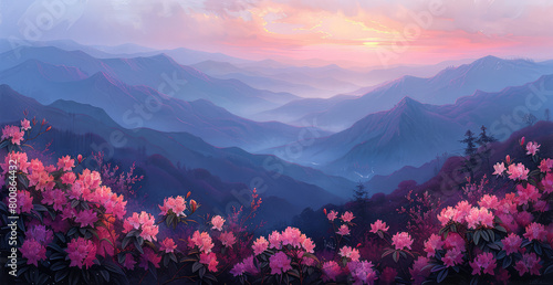 A panoramic view of the Blue Ridge Mountains at sunrise  with purple rhododendron blossoms in full bloom on one side and rolling green hills stretching into the distance. Created with Ai
