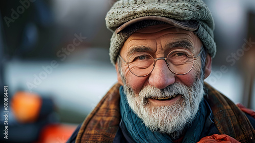 Senior man in cap and warm clothing smiling, AI Generative.