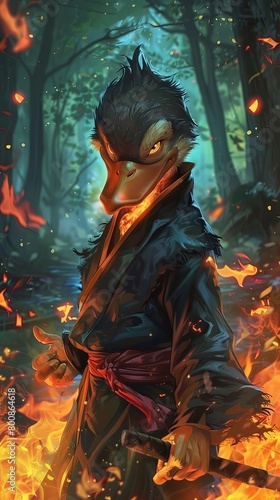 A captivating image depicting an anthropomorphic duck warrior standing amidst a blazing forest, exuding a sense of mystery and mythical adventure