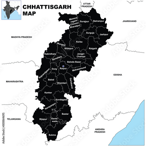 Silhouette Chhattisgarh map vector illustration on white background photo