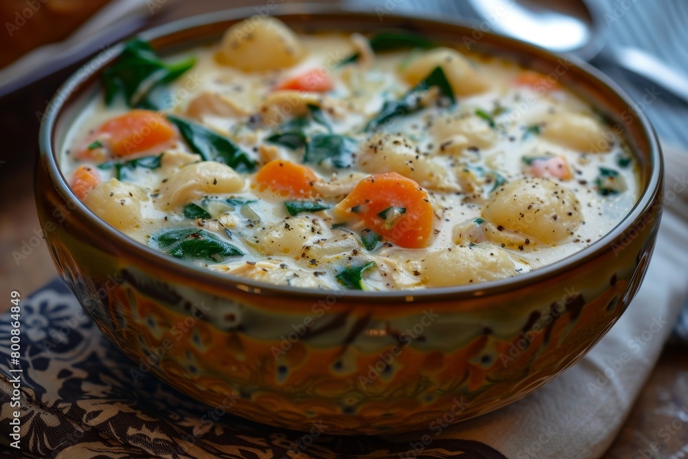 Creamy homemade soup with chicken gnocchi carrots and spinach