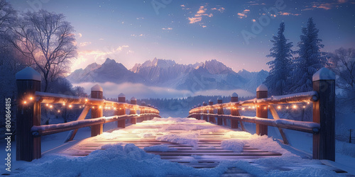 A tranquil winter scene featuring a snow-covered wooden bridge adorned with warm lights leading to a majestic mountainous backdrop at dusk. photo