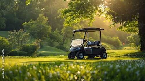 Black luxury golf cart on a green field, with trees in the background.