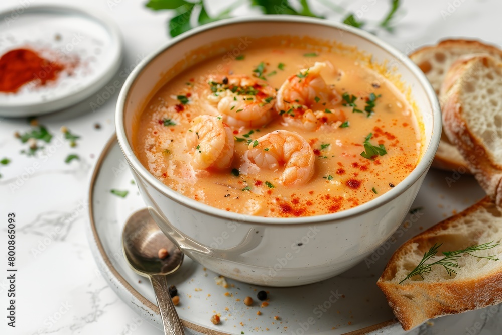 Creamy prawn soup with bread on marble background