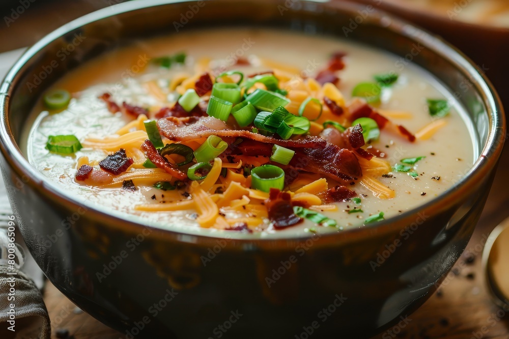 Creamy potato soup with bacon green onion and cheese