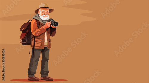 Senior man with photo camera on brown background with
